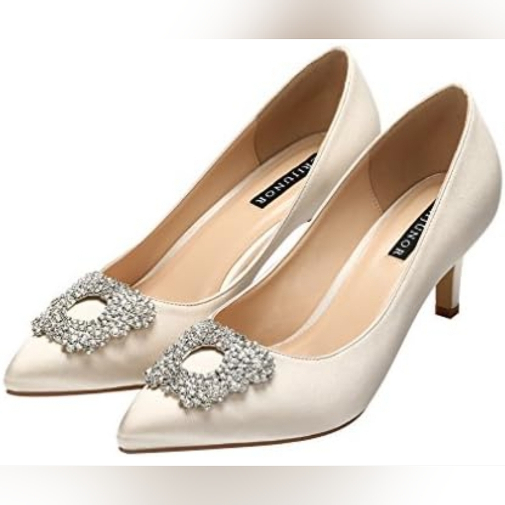 ERIJUNOR Women's Pumps Low Heel Rhinestone Brooch Satin Evening Size 10‎ NWOT.